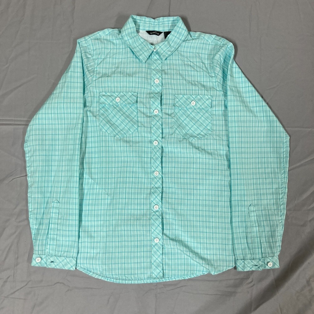 Eddie Bauer Button-Up Shirt Women's Small‎ Light Blue White Plaid Classic-Fit